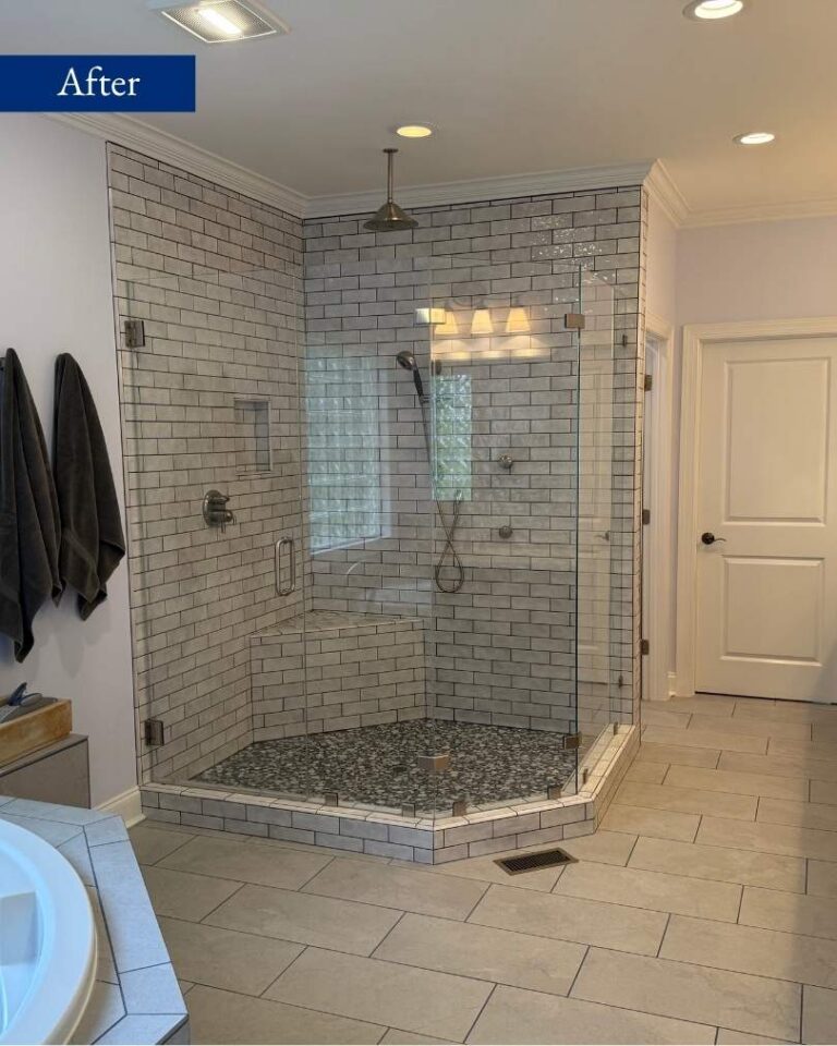 Renovated bathroom pinehurst north carolina tile shower with glass walls.