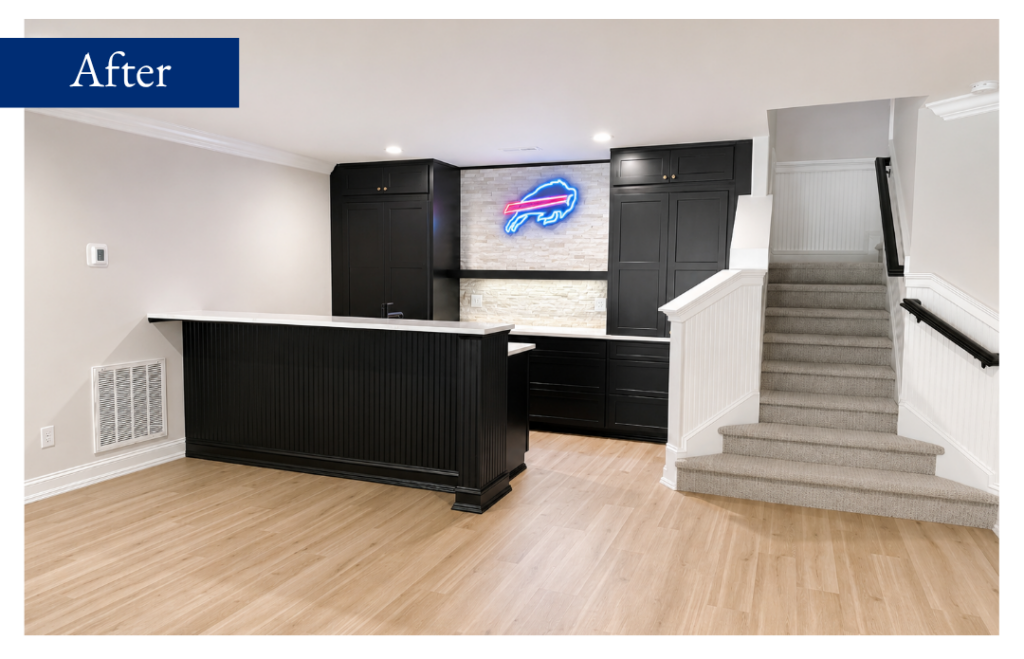 New Lower Level: Basement Bar, Living Space & Dual Bath Remodel